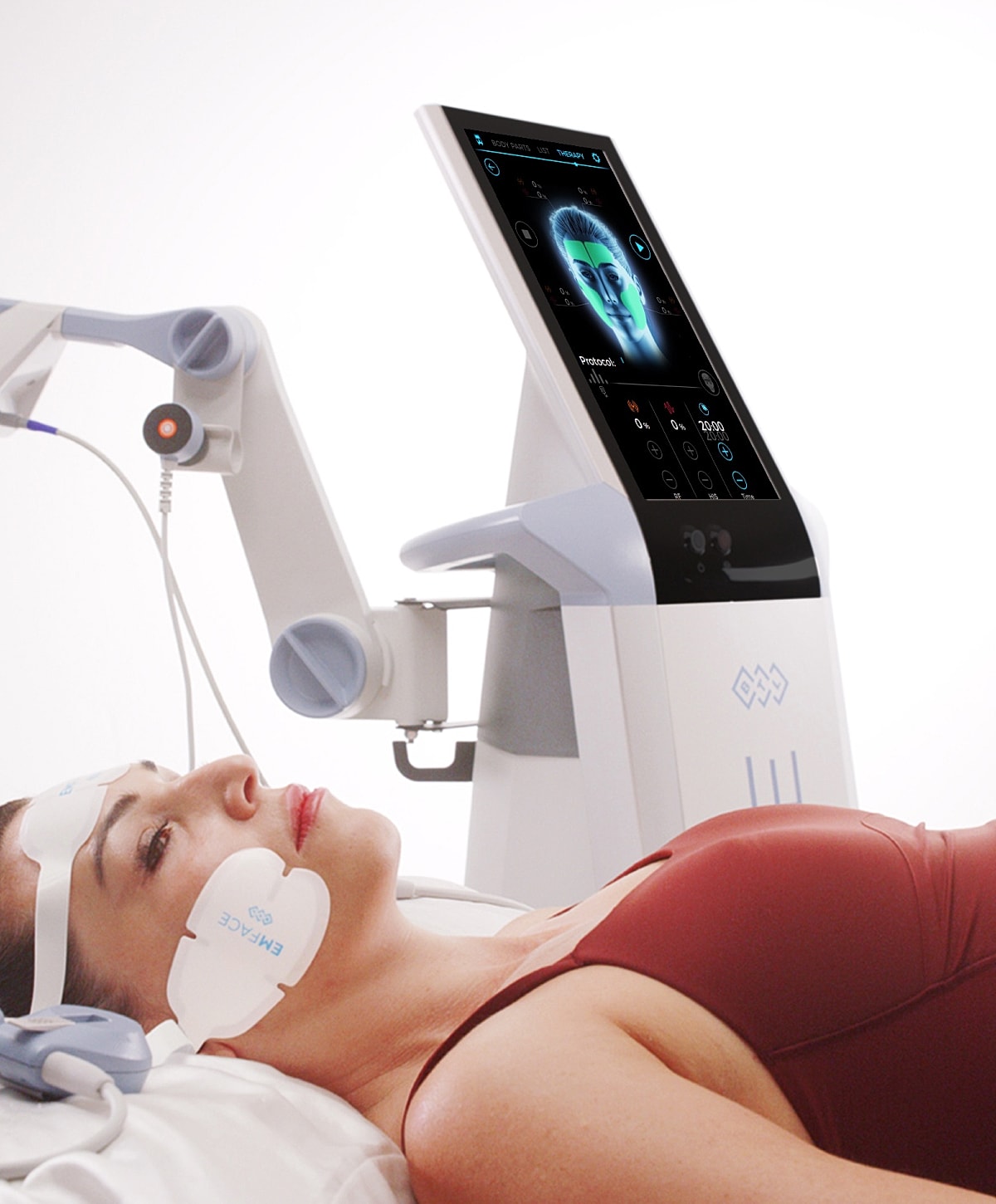 patient model undergoing emface facial treatment with medical device.