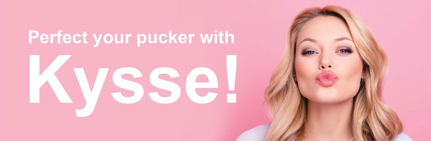 Woman puckering lips with Kysse product promotion.